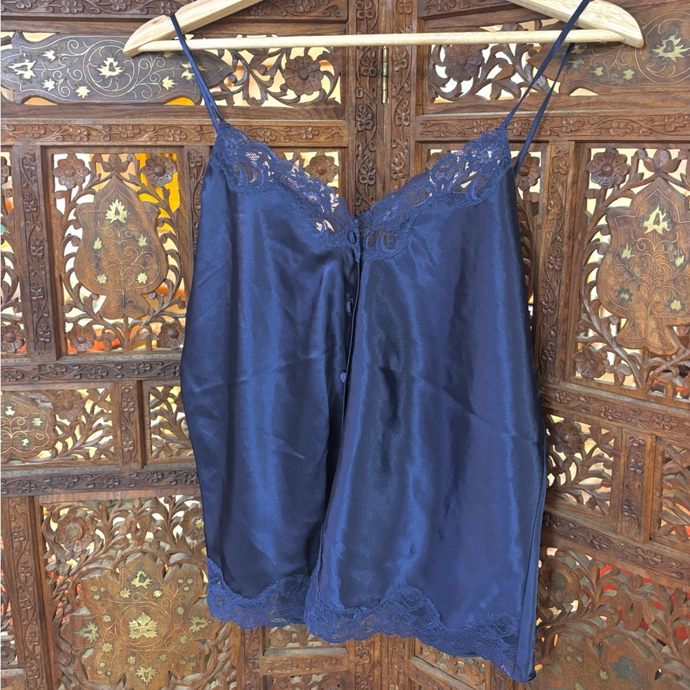 Elegant Navy Blue Lace Trim Satin Camisole